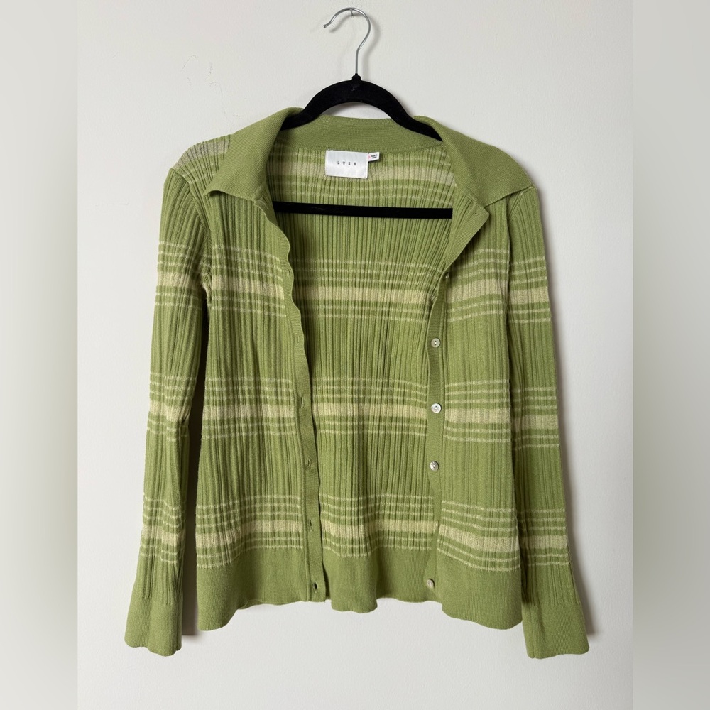 Lush Ribbed Striped Collared Button Up Cardigan in Fern - Picture 15 of 15